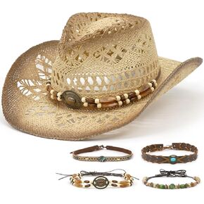 Straw Cowboy Hats for Women & Men, Boho Wide Brim Cowgirl Hat with Decorative Bands Hats for Western Outfit