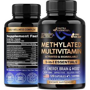 Methylated Multivitamin - B-Complex with Methylfolate & B12 - for Men & Women - 9-in-1 MTHFR Supplement with TMG - for Energy, Brain & Mood - Vegan, Lab Tested - Made in USA - 120 Capsules, One/Day