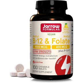 Jarrow Formulas Extra Strength Methyl B-12 1000 mcg & Methyl Folate 400 mcg + P-5-P, Dietary Supplement for Cellular Energy Metabolism and Cardiovascular Support, 100 Chewable Tablets, 100 Day Supply