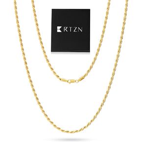 سلسلة حبل الذهب RTZN® للرجال-سلسلة حبل الحبل 3 مم-قلادة من الفولاذ المقاوم للصدأ المتميز للرجال والفتيان-غير مقلد و 100 ٪ من الفضة المقاومة للماء ، أسود ، قلادات رجالي ذهبية-18/20/22/24/26 بوصة