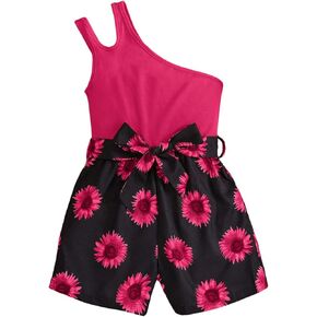 SweatyRocks Girl's One Shoulder Sleeveless Floral Rompers Cut Out Short Jumpsuit with Belt
