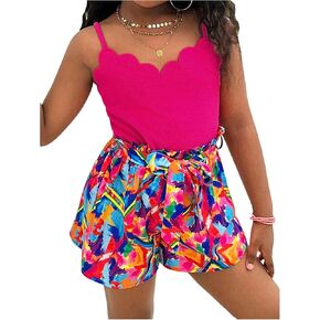 حزام السباغيتي المطبوع من Wdirara Girl Cami Romper Scalloped V