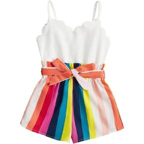 Floerns Girl's Cute Striped Scallop Trim Shorts Romper Belted Sleeveless Cami Jumpsuit
