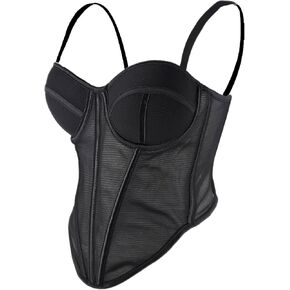ELLACCI Women's Black Mesh Corset Top with Black Trim Spaghetti Strap Push-Up Bustier Tops
