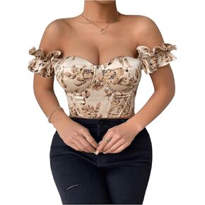 Floerns Women's Plus Size Floral Print Ruffle Trim Straps Lace Up Corset Bustier Tank Top Apricot Multi X-Large Plus