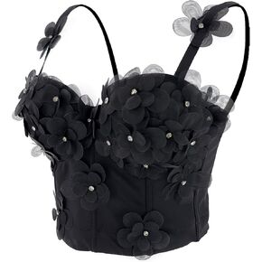 ELLACCI Women's 3D Mesh Floral with Diamond Rhinestone Bustier Crop Top Wedding Party Club Corset Tops Black