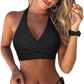 Firpearl Women's Underwire Bikini Tops V Neck Halter Swim Top Push Up Criss Cross Bathing Suit Top Only