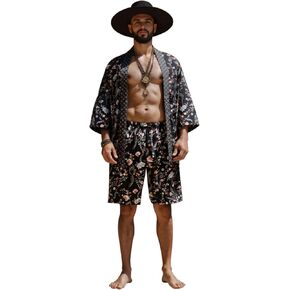 PRODESIGN Mens Kimono Robe Set - Satin Bathrobe with Shorts 2 Piece Set Silky Nightgown Dressing Gown Cardigan Beach Cover Up
