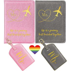 Slohif Mr and Mr Passport Holder and Luggage Tag Set – LGBTQ Pride Honeymoon Travel Accessories Wedding Valentines Day Gifts for Gay Couples White Brown