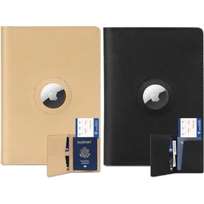 2 Pack Airtag Passport Holder for Men and Women Travel, Real Leather Passport Wallet, Handmade Passport Cover Case with Airtag Slot, Travel Essentials Gifts, Beige&Black