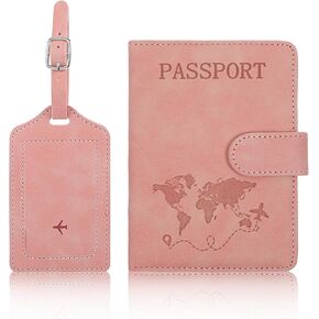 Passport Holder with Leather Luggage Tags, Waterproof RFID Blocking Passport Holders, Passport Wallet Cover Case Travel Must Haves Accessories Passport Book Holders for Women and Men (Pink)