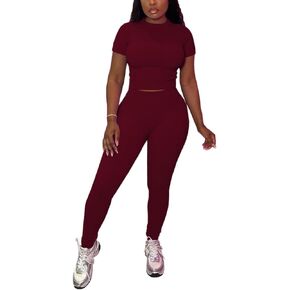 HBQ Women Two Piece Outfits Workout Sets Ribbed Casual Jogging Suits Short Sleeve Tracksuits