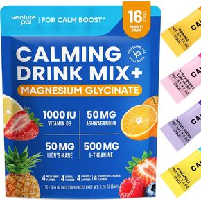 Venture Pal Magnesium Glycinate Powdered Drink Mix with Ashwagandha, Vitamin D, L-Theanine, Lions Mane, Sugar Free Magnesium Supplement Blend for Calm, Relax & Focus, Non GMO, Vegan, 16 Sticks