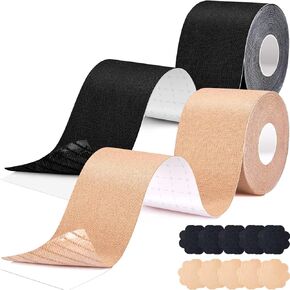 Boobytape for Breast Lift 2 PCS,Boob Tape for Large Breasts,Push Up Invisible Bra Body Tape, Breast Tape Kit with Nipple Cover (Nude & Black/3")