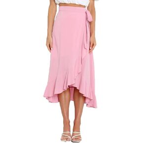 Plustrong Womens Wrap Skirt Tie Waist Ruffle Hem Asymmetrical Flowy Midi Skirts
