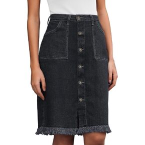 Vetinee Jean Skirts for Women Button Down Distressed Raw Hem Casual Summer Stretchy Knee Length Denim Skirt with Pockets