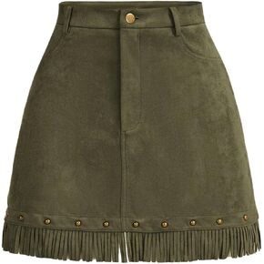 WDIRARA Women's Faux Suede Fringe Skirt High Waisted Tassel Western Mini Skirts