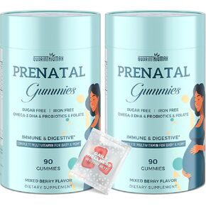 Prenatal Gummies Sugar Free 180 Count - Organics Prenatal Vitamins for Women with Folate, DHA & Probiotics - Iron Free Prenatal Vitamin Gummies for Immune & Digestive - 2 Bottles