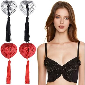2 Pairs Breast Pasties, Women Reusable Sexy Breast Pasties, Self Adhesive Silicone Nipple Cover Stickers, Heart-Shaped Breast Bra with Sequins, Pasties Bra with Tassel (Silver, Red)