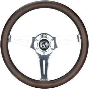 عجلة قيادة NRG Innovations NRG-ST-015SL-OAK كلاسيكية مصنوعة من الخشب المحبب - 350 مم، 3 قضبان فضية من الكروم، خشب بلون البلوط، ماهوجني