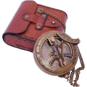 Compass Sundial Compass مع علبة جلدية - النحاس والنحاس العتيقة على مدار الساعة للتخييم ، المشي لمسافات طويلة ، جولة - هدية محفورة له - ساعة نسخة طبق الأصل من السفينة البحرية - الساعة Sundial في صندوق