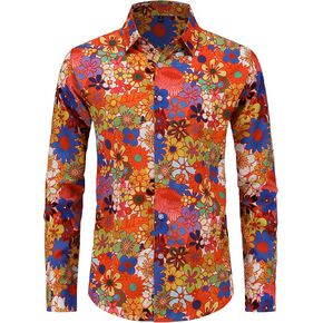 Mens 70s Disco Hip Hop Casual Button Down Paisley Floral Vintage Long Sleeve Hip Hop Shirt 70s Outfits for Men