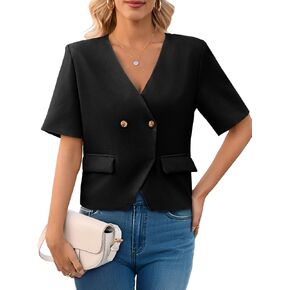 Cicy Bell Womens Cropped Short Sleeve Blazers V Neck Button Down Lightweight Work Casual Suit Jackets