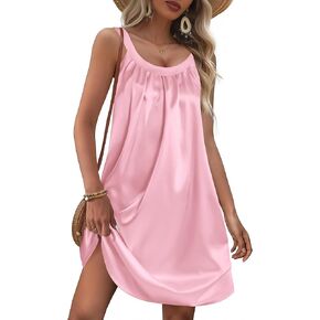 Ekouaer Silky Satin Nightgown for Women Sleeveless Sleepwear Tank O Neck Night Shirts Pleated Sleepshirt Casual Dress S-3XL