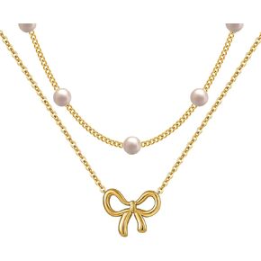 18K Gold Plated Satellite Pearl & Bow Pendant Necklace for Women, Adjustable Layered Choker Chain Jewelry, Mini Gold Pearl Necklace Gift