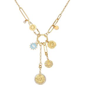 Charm Necklace for Women Gold Evil Eye Sun Moon Flower Coin Pendant Necklace Dainty Paperclip Chain Vintage Luck Amulet Choker Necklaces Celestial Jewelry Gift