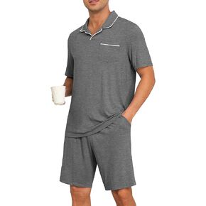 PrinStory Mens Pajamas Set Summer Pjs Sets Lightweight Short Sleeve Pajama Soft Sleepwear Loungewear with Pockets