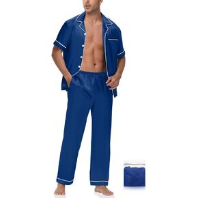 Mens Silk Pajama Set Satin Pjs Short Sleeve Button Down Sleepwear Classic Loungewear Set With Pants S-3XL