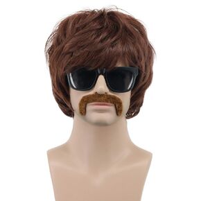 VGbeaty 60s 70s 80s Mens Disco Wig Brown Short Rocker Singer Star Wig with Mustache Sonny Bono Hippie Halloween Cosplay Party