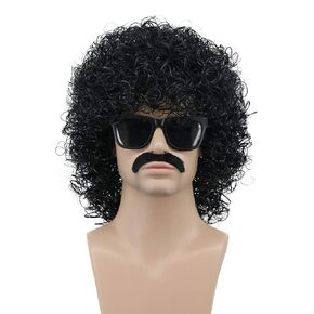 VGbeaty Adult Men Short Curly Black Rocker Wig Slash Mustache Wig California Halloween Cosplay Anime Costume Wig (Black)