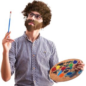 Janinka 6 Pcs Mardi Gras 80s Painter Costume Includes Clown Afro Wig Funny Beard Wooden Palette Paint Brushes Props, Brown