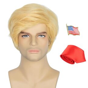 Yan Dream 4pcs Men Short Short Flonde Blonde Wig with Flag Pin and Red Tie Man Wigs Funny