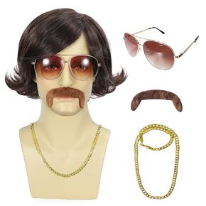 Men Disco Wig 70s 80s Short Brown Wavy Wig with Mustache Glasses and Chain 5PCS Sets Retro Costume Wigs for Men Cosplay Halloween Party