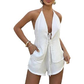 xxxiticat Women's Two Piece Shorts Set Sleeveless Halter Front Tie Up Vest Top Casual Beach White Resort Matching Lounge Suit