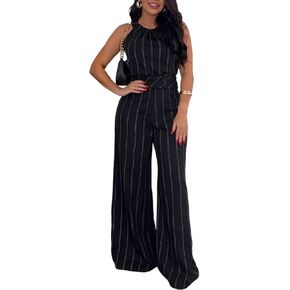 CHICME Womens Summer 2 Piece Outfit Striped Sleeveless Top with High Waist Wide Leg Pants Set