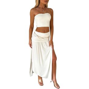 Two Piece Skirt Set for Women - 2 PC Summer Beach Vacation Outfits Going Out Strapless Tube Crop Tops Boho Maxi Skirts Sets