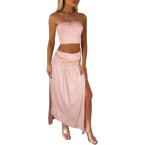Two Piece Skirt Set for Women - 2 PC Summer Beach Vacation Outfits Going Out Strapless Tube Crop Tops Boho Maxi Skirts Sets in Kuwait