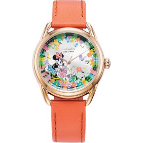 Citizen Eco-Drive Ladies' Disney Minnie Mouse Gardening Watch, Gold Tone with Coral Strap, Floral, 3-Hand Date, 36mm (Model: FE6087-04W)