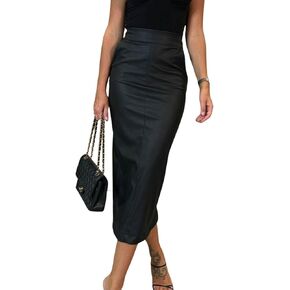 utcoco Womens Long Faux Leather Skirt Bodycon High Waist Slim Pencil Midi Skirt with Pockets
