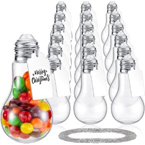 48 Pieces 100 ML Plastic Light Bulb Jars with Card and String, Light Bulb Candy Containers Clear Candy Jars Fillable Lightbulb Ornaments for Christmas Crafts Party Favors(Gold)