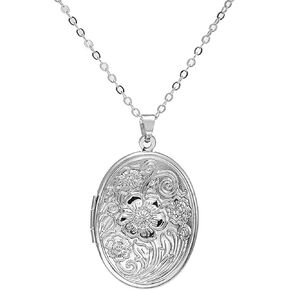 Engraved Flower Empaistic Geometric Photo Locket Necklace Gold Silver Plated Vintage Antiqued Carved Pattern Oval Round Hold Pictures Pendant Necklace for Men Women Souvenir Memorial Fashion Jewelry Gifts