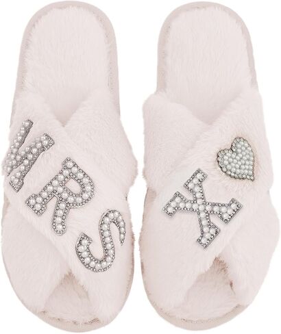 Bride Slippers for Wedding Day, Bride To Be Bridal Shower Gift for Women Bridesmaids, Personalized Initial MRS Pearl Letter Open Toe Fuzzy Flip Flops, Getting Ready Outfit, Bachelorette Party in Kuwait