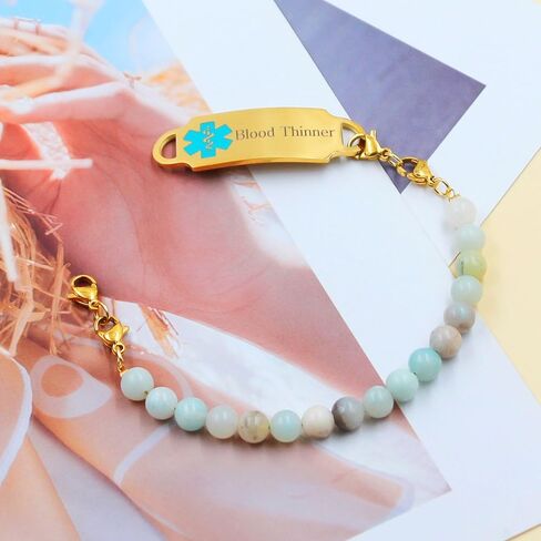 Exquisite Custom Medical ID Bracelet with Natural Amazonite Stones and Stainless Steel Tag, Interchangeable Medical Alert Bracelet for Women in Saudi Arabia