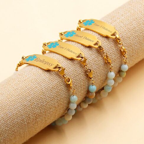 Exquisite Custom Medical ID Bracelet with Natural Amazonite Stones and Stainless Steel Tag, Interchangeable Medical Alert Bracelet for Women in Saudi Arabia