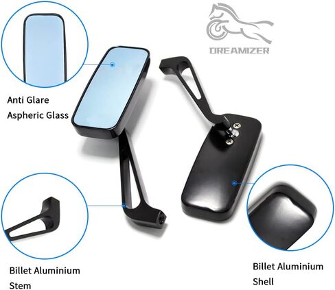 Dreamizer Rectangle Motorcycle Mirrors Black - Universal 10mm 10mm Learview Mirror CNC CNC متوافقة مع Honda Yamaha Suzuki Ruckus Grom Shadow Vstar650 in Kuwait