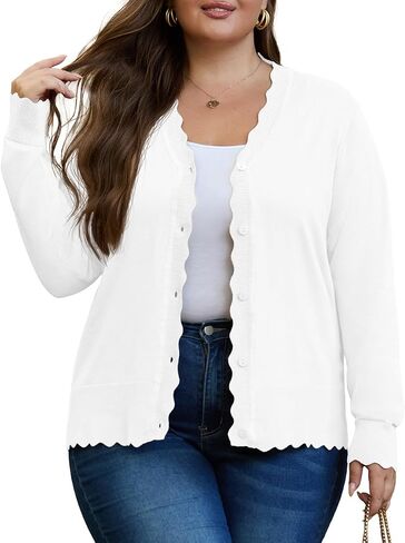OLRIK Plus Size Cardigan for Women Cropped Long Sleeve V-Neck Buttons Down Ribbed Wave Edges Casual Knit Shrugs in Saudi Arabia